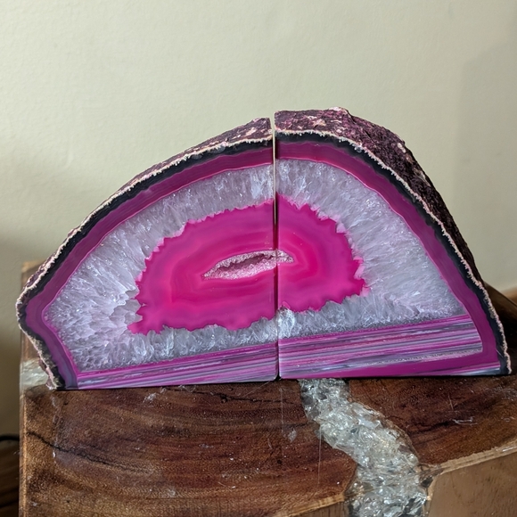 Pair of Brazilian Agate Geodes Dyed Pink Polished Sections for Bookends, Etc - Picture 2 of 14